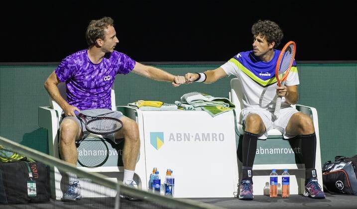 ROTTERDAM Robin Haase r and Matwe Middelkoop NLD during their match against Mate Pavic and Nikola Mektic KRO on the second day of the ABN AMRO World Tennis Tournament The ATP tournament in Ahoy takes place without an audience due to the corona pandemic ANP KOEN SUYK xVIxANPxSportx xxANPxIVx 428794588