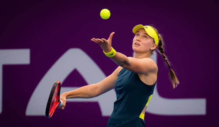 March 2, 2021, DOHA, QATAR: Elena Rybakina of Kazakhstan in action during her first round match at the 2021 Qatar Total Open WTA, Tennis Damen 500 tournament against Laura Siegemund of Germany DOHA QATAR - ZUMAa181 20210302_zaa_a181_024 Copyright: xRobxPrangex