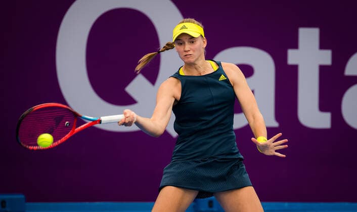 March 2, 2021, DOHA, QATAR: Elena Rybakina of Kazakhstan in action during her first round match at the 2021 Qatar Total Open WTA, Tennis Damen 500 tournament against Laura Siegemund of Germany DOHA QATAR - ZUMAa181 20210302_zaa_a181_026 Copyright: xRobxPrangex
