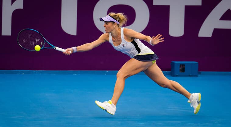March 2, 2021, DOHA, QATAR: Laura Siegemund of Germany in action during her first round match at the 2021 Qatar Total Open WTA, Tennis Damen 500 tournament against Elena Rybakina of Kazakhstan DOHA QATAR - ZUMAa181 20210302_zaa_a181_028 Copyright: xRobxPrangex