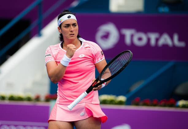March 2, 2021, DOHA, QATAR: Ons Jabeur of Tunisia in action during her first round match at the 2021 Qatar Total Open WTA, Tennis Damen 500 tournament against Anna Blinkova of Russia DOHA QATAR - ZUMAa181 20210302_zaa_a181_044 Copyright: xRobxPrangex