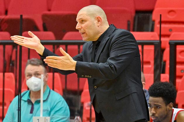 Head coach of Nymburk Oren Amiel gestures during the Men s Basketball Champions League 1st round group L match ERA Nymburk vs Brose Bamberg in Nymburk, Czech Republic, March 2nd, 2021. (CTKxPhoto VitxSimanek) CTKPhotoP202103021055101  VIS 009