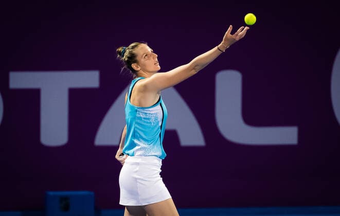 March 2, 2021, DOHA, QATAR: Kristyna Pliskova of the Czech Republic in action during her first round match at the 2021 Qatar Total Open WTA, Tennis Damen 500 tournament against Anastasia Pavlyuchenkova of Russia DOHA QATAR - ZUMAa181 20210302_zaa_a181_131 Copyright: xRobxPrangex