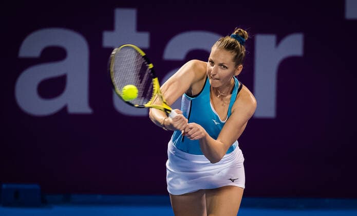 March 2, 2021, DOHA, QATAR: Kristyna Pliskova of the Czech Republic in action during her first round match at the 2021 Qatar Total Open WTA, Tennis Damen 500 tournament against Anastasia Pavlyuchenkova of Russia DOHA QATAR - ZUMAa181 20210302_zaa_a181_142 Copyright: xRobxPrangex