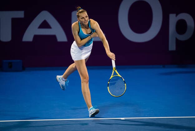 March 2, 2021, DOHA, QATAR: Kristyna Pliskova of the Czech Republic in action during her first round match at the 2021 Qatar Total Open WTA, Tennis Damen 500 tournament against Anastasia Pavlyuchenkova of Russia DOHA QATAR - ZUMAa181 20210302_zaa_a181_146 Copyright: xRobxPrangex