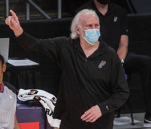 March 2, 2021, Los Angeles, California, USA: Gregg Popovich slams Texas governor Greg Abbott on liftting mask mandate. FILE PHOTO: Head coach, Gregg Popovich of the San Antonio Spurs during their regular season NBA, Basketball Herren, USA game with the Los Angeles Lakers on Thursday January 7, 2021 at the Staples Center in Los Angeles, California. Lakers lose to Spurs 109-118. PI Los Angeles USA - ZUMAp124 20210302_zaa_p124_004 Copyright: xJAVIERxROJASx