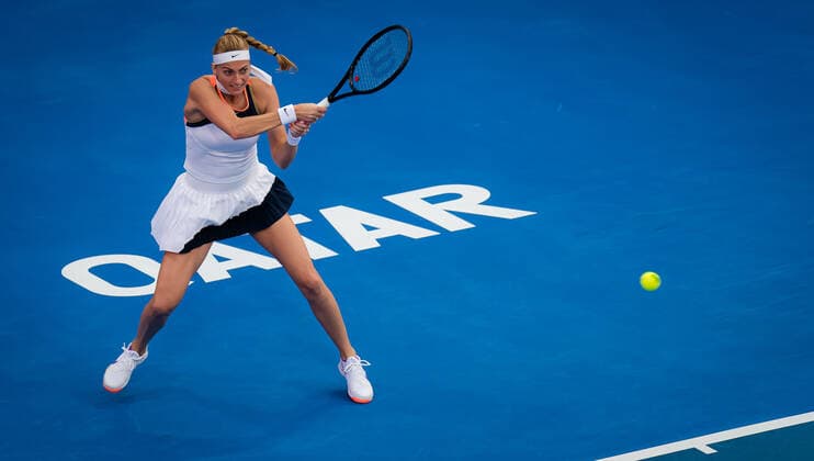 March 3, 2021, DOHA, QATAR: Petra Kvitova of the Czech Republic in action during her second-round match at the 2021 Qatar Total Open WTA, Tennis Damen 500 tournament against Anastasia Pavlyuchenkova of Russia DOHA QATAR - ZUMAa181 20210303_zaa_a181_045 Copyright: xRobxPrangex