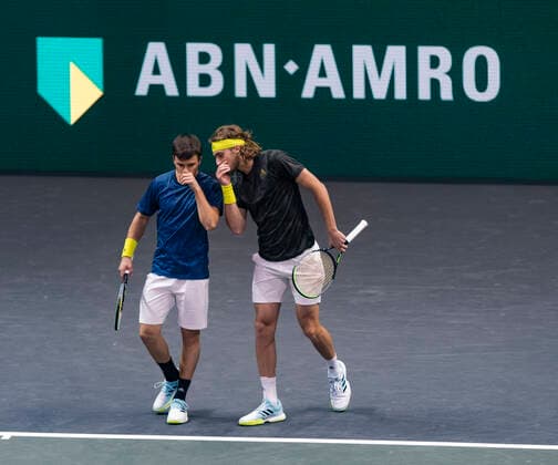 Rotterdam, The Netherlands, 3 march 2021, ABNAMRO World Tennis Tournament, Ahoy, First round doubles: Petro Tsitsipas (GRE) Stefanos Tsitsipas (GRE) vs. Sander Gille (BEL) Joran Vliegen (BEL). Photo:  Copyright: xHenkxKosterx