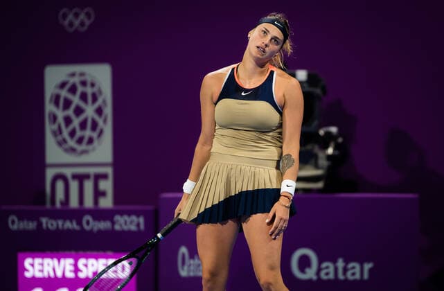 March 3, 2021, DOHA, QATAR: Aryna Sabalenka of Belarus in action during her second-round match at the 2021 Qatar Total Open WTA, Tennis Damen 500 tournament against Garbine Muguruza of Spain DOHA QATAR - ZUMAa181 20210303_zaa_a181_117 Copyright: xRobxPrangex