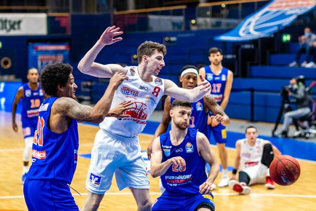 Alen Pjanic 8 Jobstairs Giessen 46ers , Deron Washinton 20 Syntainics MBC , Michal Michalak 23 Syntainics MBC during the match Season 2020 2021 Men in the EasyCredit Bundesliga between Syntainics MBC and Jobstairs Giessen 46ers at Stadthalle Weissenfels on 3 March 2021 in Weissenfels, Sachsen Anhalt, Germany