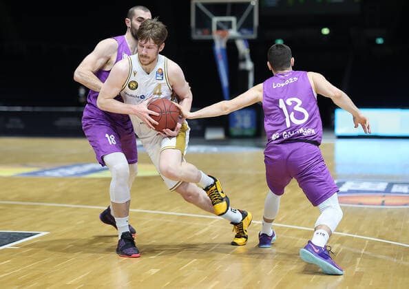 Luc van Slooten Basketball Loewen Braunschweig wins against Rihards Lomazs BG Goettingen