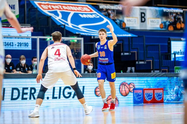 Vincent Friederici 30 Syntainics MBC during the match Season 2020 2021 Men in the EasyCredit Bundesliga between Syntainics MBC and Jobstairs Giessen 46ers at Stadthalle Weissenfels on 3 March 2021 in Weissenfels, Sachsen Anhalt, Germany