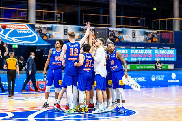 Team Syntainics MBC after winning 102 81 during the match Season 2020 2021 Men in the EasyCredit Bundesliga between Syntainics MBC and Jobstairs Giessen 46ers at Stadthalle Weissenfels on 3 March 2021 in Weissenfels, Saxony Anhalt, Germany