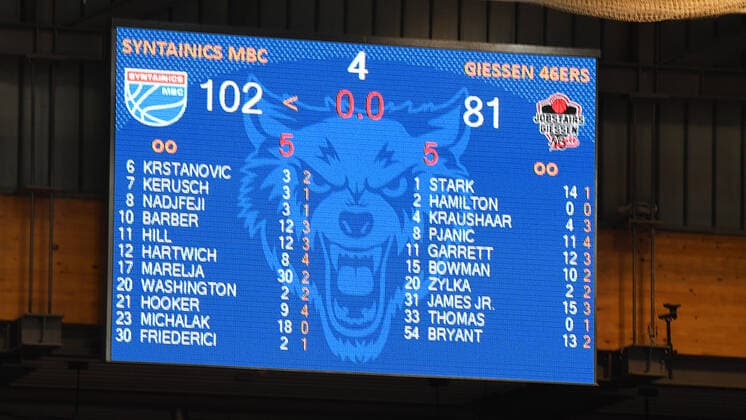 Basketball 1 Bundesliga, season 2020 2021, 20 matchday, Syntainics MBC Weißenfels vs JobStairs GIESSEN 46ers 03 03 2021 scoreboard with the final score 102 81 at the match MBC Weißenfels vs Giessen 03 03 2021 Weißenfels Sachsen Anhalt Germany Stadthalle Weißenfels