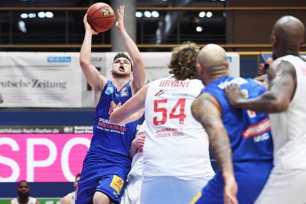 Basketball 1 Bundesliga, Season 2020 2021, 20 Matchday, Syntainics MBC Weissenfels vs JobStairs GIESSEN 46ers 03 03 2021 Michal Michalak MBC Weissenfels, back number 23 on the ball against John Bryant Center Giessen 46ers, back number 54 during the match MBC Weissenfels vs Giessen 03 03 2021 Weissenfels Saxony Anhalt Germany Stadthalle Weissenfels