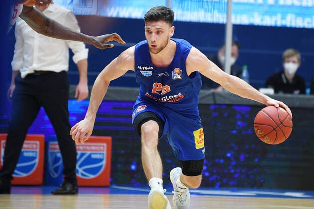 Basketball 1 Bundesliga, season 2020 2021, 20 matchday, Syntainics MBC Weissenfels vs JobStairs GIESSEN 46ers 03 03 2021 102 81 50 39 Michal Michalak MBC Weissenfels, back number 23 on the ball during the match MBC Weissenfels vs Giessen 03 03 2021 Weissenfels Saxony Anhalt Germany Stadthalle Weissenfels