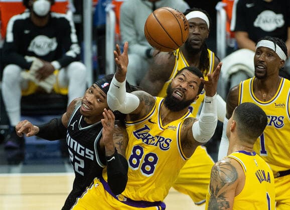 March 3, 2021, Sacramento, CA, USA: Sacramento Kings center Richaun Holmes (22) and Los Angeles Lakers forward Markieff Morris (88) battle for rebound in the third quarter during a game at Golden 1 Center on Wednesday, Mar. 3, 2021 in Sacramento. Sacramento USA - ZUMAj89_ 20210303_zaf_j89_017 Copyright: xPaulxKitagakixJr.x