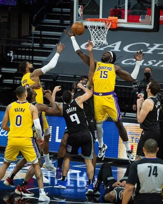 March 3, 2021, Sacramento, CA, USA: Sacramento Kings guard Cory Joseph (9) battles Los Angeles Lakers center Montrezl Harrell (15) for rebound with seconds left in the fourth quarter during a game at Golden 1 Center on Wednesday, Mar. 3, 2021 in Sacramento. The Kings win 123-121. Sacramento USA - ZUMAj89_ 20210303_zaf_j89_026 Copyright: xPaulxKitagakixJr.x