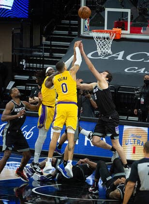 March 3, 2021, Sacramento, CA, USA: Sacramento Kings forward Nemanja Bjelica (8) Los Angeles Lakers forward Kyle Kuzma (0) and Los Angeles Lakers center Montrezl Harrell (15) for rebound with seconds left in the fourth quarter during a game at Golden 1 Center on Wednesday, Mar. 3, 2021 in Sacramento. The Kings win 123-121. Sacramento USA - ZUMAj89_ 20210303_zaf_j89_027 Copyright: xPaulxKitagakixJr.x