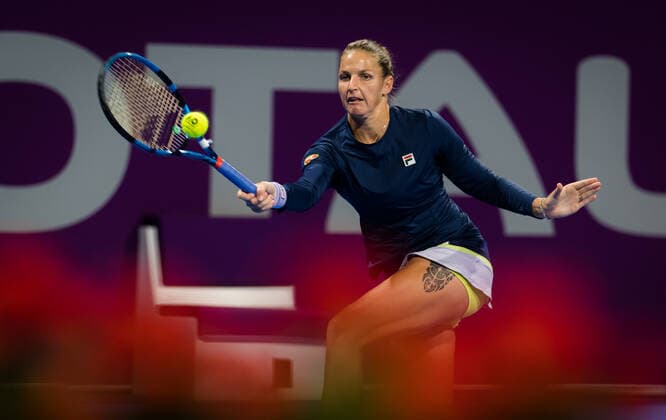 March 3, 2021, DOHA, QATAR: Karolina Pliskova of the Czech Republic in action during her second-round match at the 2021 Qatar Total Open WTA, Tennis Damen 500 tournament against Ons Jabeur of Tunisia DOHA QATAR - ZUMAa181 20210303_zaa_a181_148 Copyright: xRobxPrangex