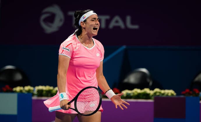 March 3, 2021, DOHA, QATAR: Ons Jabeur of Tunisia in action during her second-round match at the 2021 Qatar Total Open WTA, Tennis Damen 500 tournament against Karolina Pliskova of the Czech Republic DOHA QATAR - ZUMAa181 20210303_zaa_a181_162 Copyright: xRobxPrangex