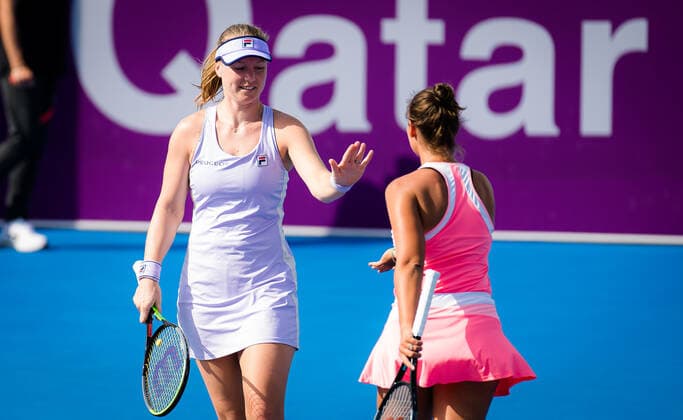 March 3, 2021, DOHA, QATAR: Kiki Bertens of the Netherlands playing doubles with Lesley Pattinama Kerkhove at the 2021 Qatar Total Open WTA, Tennis Damen 500 tournament DOHA QATAR - ZUMAa181 20210303_zaa_a181_169 Copyright: xRobxPrangex