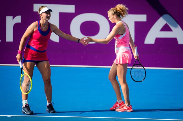 March 3, 2021, DOHA, QATAR: Barbora Krejcikova of the Czech Republic playing doubles with Katerina Siniakova at the 2021 Qatar Total Open WTA, Tennis Damen 500 tournament DOHA QATAR - ZUMAa181 20210303_zaa_a181_173 Copyright: xRobxPrangex