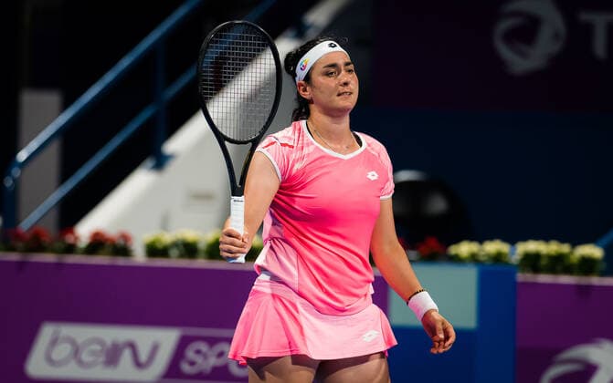 March 4, 2021, DOHA, QATAR: Ons Jabeur of Tunisia in action during her second round match at the 2021 Qatar Total Open WTA, Tennis Damen 500 tournament against Karolina Pliskova of the Czech Republic DOHA QATAR - ZUMAa181 20210304_zaa_a181_002 Copyright: xRobxPrangex