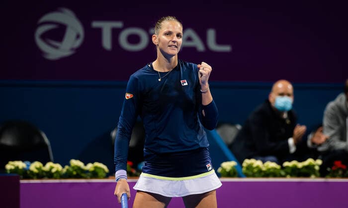 March 4, 2021, DOHA, QATAR: Karolina Pliskova of the Czech Republic in action during her second round match at the 2021 Qatar Total Open WTA, Tennis Damen 500 tournament against Ons Jabeur of Tunisia DOHA QATAR - ZUMAa181 20210304_zaa_a181_005 Copyright: xRobxPrangex