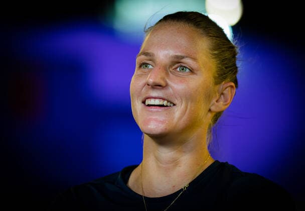 March 4, 2021, DOHA, QATAR: Karolina Pliskova of the Czech Republic talks to the media after her second round match at the 2021 Qatar Total Open WTA, Tennis Damen 500 tournament DOHA QATAR - ZUMAa181 20210304_zaa_a181_008 Copyright: xRobxPrangex