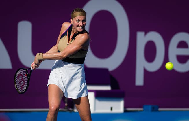 March 4, 2021, DOHA, QATAR: Petra Kvitova of the Czech Republic in action during the quarterfinals of the 2021 Qatar Total Open WTA, Tennis Damen 500 tournament against Anett Kontaveit of Estonia DOHA QATAR - ZUMAa181 20210304_zaa_a181_034 Copyright: xRobxPrangex