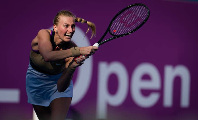 March 4, 2021, DOHA, QATAR: Petra Kvitova of the Czech Republic in action during the quarterfinals of the 2021 Qatar Total Open WTA, Tennis Damen 500 tournament against Anett Kontaveit of Estonia DOHA QATAR - ZUMAa181 20210304_zaa_a181_044 Copyright: xRobxPrangex