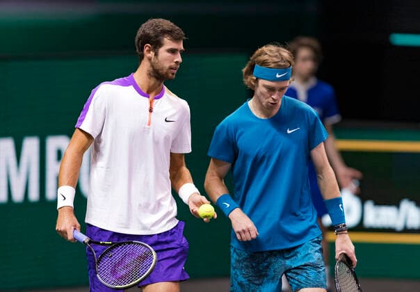 Rotterdam, The Netherlands, 4 march 2021, ABNAMRO World Tennis Tournament, Ahoy, Second round doubles: Karen Khachanov (RUS) Andrey Rublev (RUS). Photo: .tennisimages.com henkkoster  Copyright: xHenkxKosterx