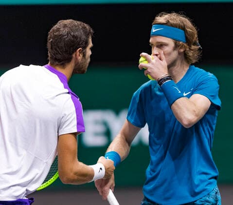 Rotterdam, The Netherlands, 4 march 2021, ABNAMRO World Tennis Tournament, Ahoy, Second round doubles: Karen Khachanov (RUS) Andrey Rublev (RUS). Photo: .tennisimages.com henkkoster  Copyright: xHenkxKosterx