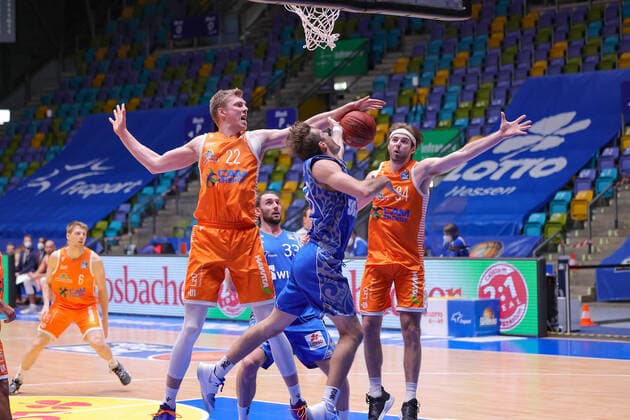 Fraport Skyliners RASTA Vechta, easyCredit BBL Foul on Jon Axel Gudmundsson Fraport Skyliners, 30 by Bjoern Rohwer RASTA Vechta, 22 Basketball match of the easyCredit BBL between Fraport Skyliners and RASTA Vechta on 4 March 2021 at Fraport Arena in Frankfurt am Main , Frankfurt am Main Hesse Germany Fraport Arena