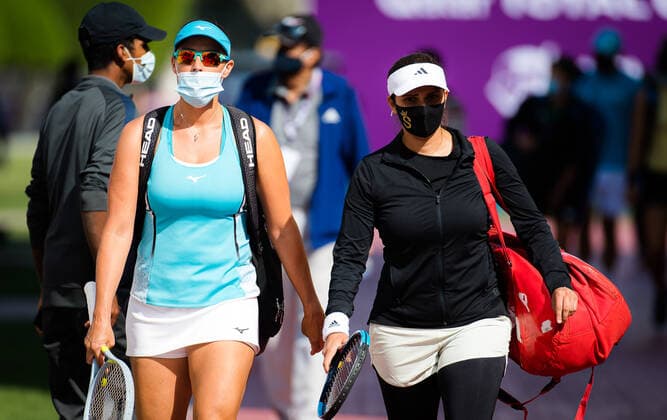 March 4, 2021, DOHA, QATAR: Sania Mirza of India playing doubles with Andreja Klepac of Slovenia at the 2021 Qatar Total Open WTA, Tennis Damen 500 tournament DOHA QATAR - ZUMAa181 20210304_zaa_a181_071 Copyright: xRobxPrangex