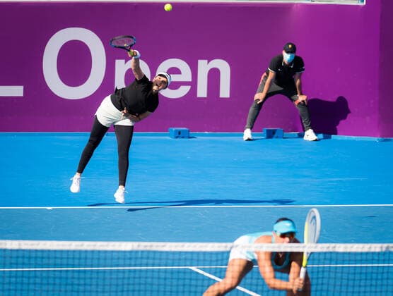 March 4, 2021, DOHA, QATAR: Sania Mirza of India playing doubles with Andreja Klepac of Slovenia at the 2021 Qatar Total Open WTA, Tennis Damen 500 tournament DOHA QATAR - ZUMAa181 20210304_zaa_a181_077 Copyright: xRobxPrangex
