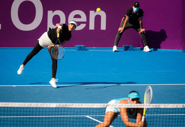 March 4, 2021, DOHA, QATAR: Sania Mirza of India playing doubles with Andreja Klepac of Slovenia at the 2021 Qatar Total Open WTA, Tennis Damen 500 tournament DOHA QATAR - ZUMAa181 20210304_zaa_a181_079 Copyright: xRobxPrangex