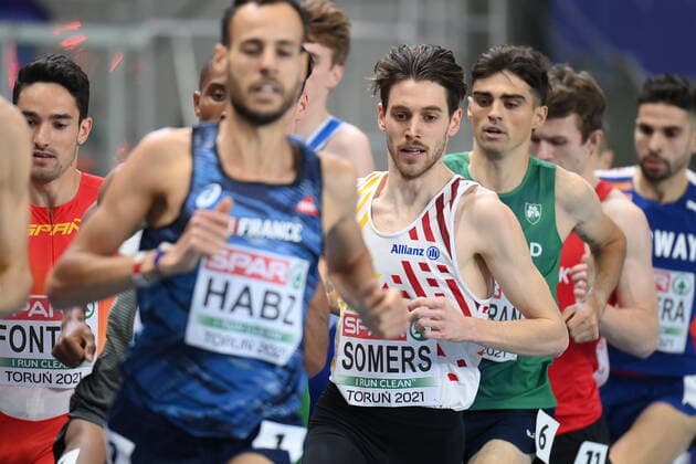 Belgian Michael Somers pictured in action during the heat of the first round of the men 1500m race of the European Athletics Indoor Championships, in Torun, Poland, Thursday 04 March 2021. The championships take place from 4 to 7 March. JASPERxJACOBS  x05975000x