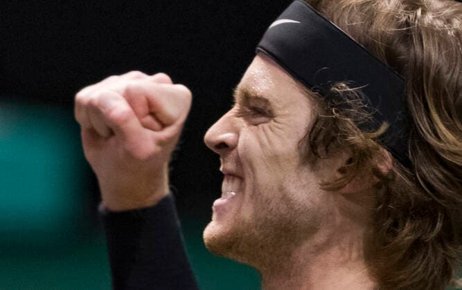 Rotterdam, The Netherlands, 5 march 2021, ABNAMRO World Tennis Tournament, Ahoy, Quarter final: Andrey Rublev (RUS) Jeremy Chardy (FRA). Photo: .tennisimages.com henkkoster  Copyright: xHenkxKosterx