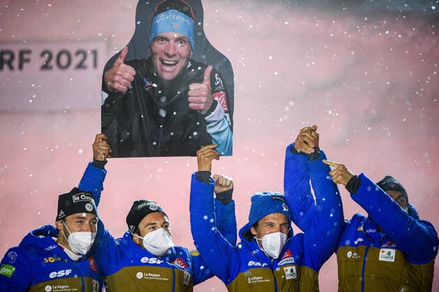 210305 ules Lapierre, Clement Parisse, Maurice Manificat and Hugo Lapalus of France celebrate at a medal ceremony for Men s Cross Country Skiing 4x10 Relay during the FIS Nordic Ski World Championships on March 5, 2021 in Oberstdorf Photo Johanna Lundberg BILDBYRAN kod JL JL0099 skidor cross country skiing langrenn fis nordic world ski championships vm ski vm skid vm medaljceremoni medal ceremony 9 bbeng jubel,  Copyright: JOHANNAxLUNDBERG BB210305JL131