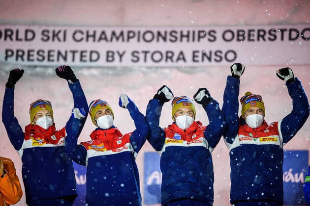 210305 Pal Golberg, Emil Iversen, Hans Christer Holund and Johannes Hosflot Klaebo of Norway celebrate at a medal ceremony for Men s Cross Country Skiing 4x10 Relay during the FIS Nordic Ski World Championships on March 5, 2021 in Oberstdorf Photo Johanna Lundberg BILDBYRAN kod JL JL0099 ski cross country skiing cross country fis nordic world ski championships world cup world cup ski world cup medal ceremony medal ceremony 9 bbeng cheers,  Copyright: JOHANNAxLUNDBERG BB210305JL132