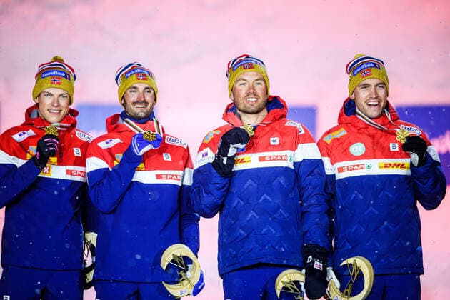 210305 Pal Golberg, Emil Iversen, Hans Christer Holund and Johannes Hosflot Klaebo of Norway celebrate with their gold medals at a medal ceremony for Men s Cross Country Skiing 4x10 Relay during the FIS Nordic Ski World Championships on March 5, 2021 in Oberstdorf Photo Johanna Lundberg BILDBYRAN code JL JL0099 skidor cross country skiing langrenn fis nordic world ski championships vm ski vm skid vm medaljceremoni medal ceremony 9 bbeng jubel,  Copyright: JOHANNAxLUNDBERG BB210305JL135
