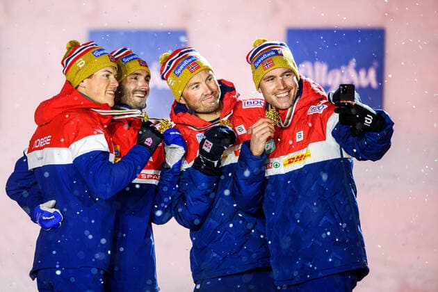 210305 Pal Golberg, Emil Iversen, Hans Christer Holund and Johannes Hosflot Klaebo of Norway take a selfie with their gold medals at a medal ceremony for Men s Cross Country Skiing 4x10 Relay during the FIS Nordic Ski World Championships on March 5, 2021 in Oberstdorf Photo Johanna Lundberg BILDBYRAN kod JL JL0099 skidor cross country skiing langrenn fis nordic world ski championships vm ski vm skid vm medaljceremoni medal ceremony 9 bbeng jubel,  Copyright: JOHANNAxLUNDBERG BB210305JL136