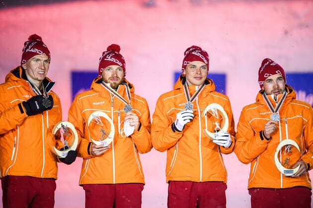 210305 Alexander Bolshunov, Artem Maltsev, Ivan Yakimushkin and Alexey Chervotkin of Russia celebrate with their silver medals at a medal ceremony for Men s Cross Country Skiing 4x10 Relay during the FIS Nordic Ski World Championships on March 5, 2021 in Oberstdorf Photo Johanna Lundberg BILDBYRAN kod JL JL0099 skidor cross country skiing langrenn fis nordic world ski championships vm ski vm skid vm medaljceremoni medal ceremony 9 bbeng jubel,  Copyright: JOHANNAxLUNDBERG BB210305JL137