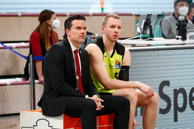 22 Matchday of the easyCredit BBL Basketball Bundesliga on 05 March 2021in the Oberfrankenhalle in Bayreuth Bavaria Germany season 2020 2021 Medi Bayreuth against HAKRO Merlins Crailsheim Raoul Korner Medi Bayreuth coach left Osvaldas Olisevicius Medi Bayreuth 31 right