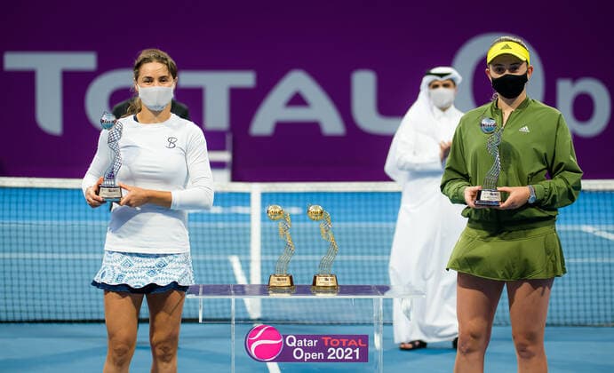 March 5, 2021, Doha, Qatar: Monica Niculescu of Romania & Jelena Ostapenko of Latvia during the trophy ceremony after the doubles final of the 2021 Qatar Total Open WTA, Tennis Damen 500 tournament Doha Qatar - ZUMAa181 20210305_zaa_a181_080 Copyright: xRobxPrangex
