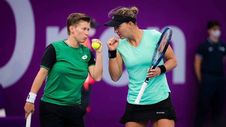 March 5, 2021, DOHA, QATAR: Nicole Melichar of the United States with partner Demi Schuurs in action during the doubles final of the 2021 Qatar Total Open WTA, Tennis Damen 500 tournament DOHA QATAR - ZUMAa181 20210305_zaa_a181_241 Copyright: xRobxPrangex