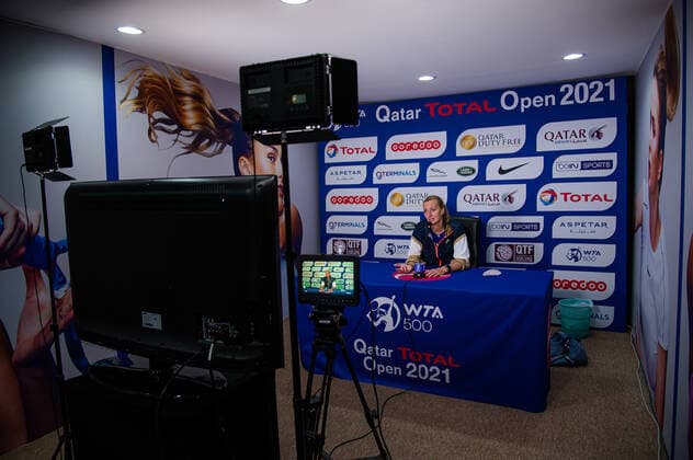 March 5, 2021, DOHA, QATAR: Petra Kvitova of the Czech Republic talks to the media after reaching the final of the 2021 Qatar Total Open WTA, Tennis Damen 500 tournament DOHA QATAR - ZUMAa181 20210305_zaa_a181_272 Copyright: xRobxPrangex
