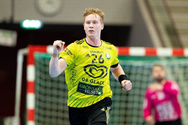 210306 Sävehofs Jonathan Edvardsson cheers after goal during the handball match in the Handball League between Sävehof and Hallby on March 6, 2021 in Partille,  Copyright: MICHAELxERICHSEN BB210306MI049